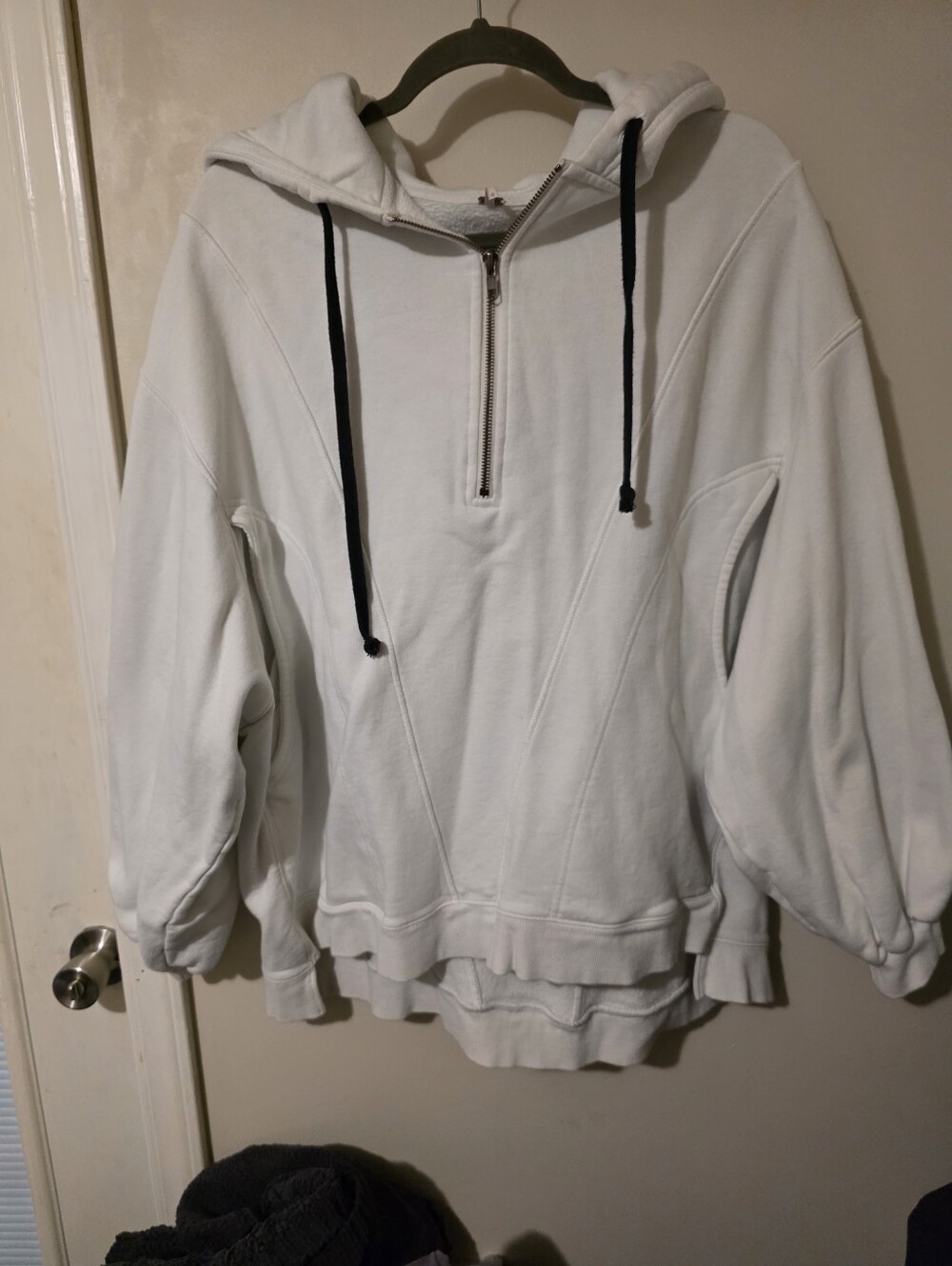 Free People White Hooded Half-Zip Sweatshirt with Black Drawstrings, Size Medium